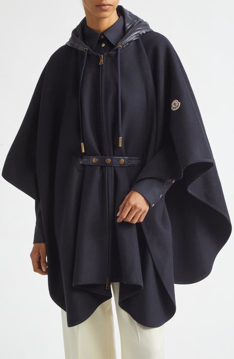 Zip Padded Wool Blend Hooded Cape