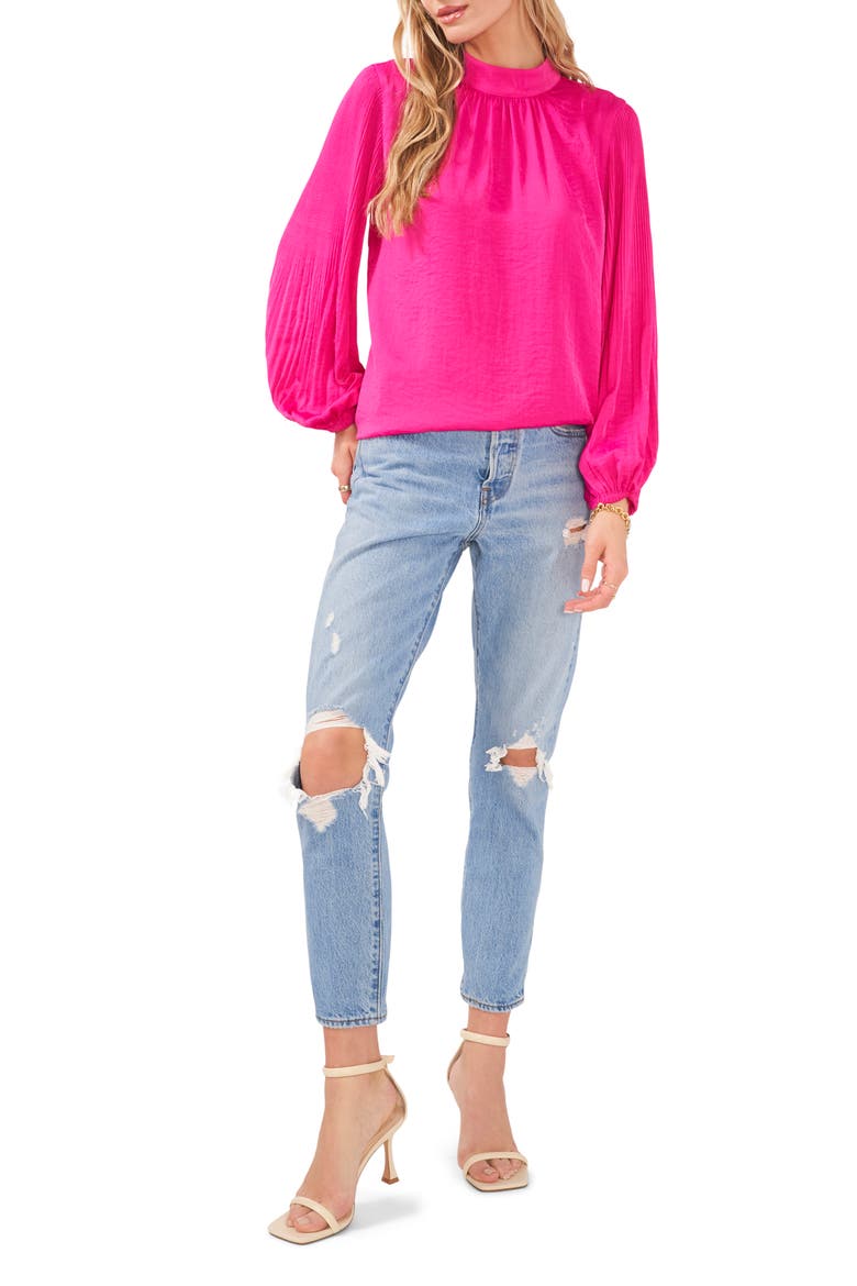 Pleated Long Sleeve Mock Neck Blouse, Alternate, color, POMEGRANTE PINK