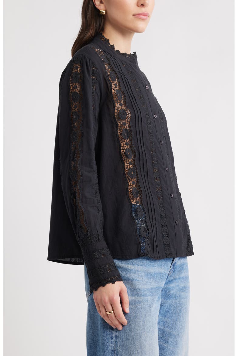 Pretty Lace Panel Button-Up Shirt, Alternate, color, BLACK