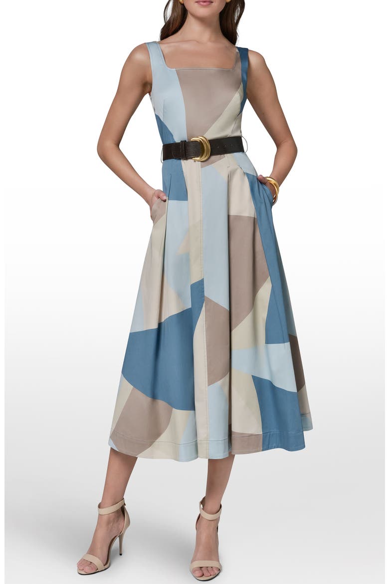 Abstract Pleated Sleeveless Belted Stretch Cotton Midi Dress, Main, color, WASHED INDIGO/ SEA MIST MULTI