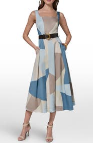 Donna Karan New York Abstract Pleated Sleeveless Belted Stretch Cotton Midi Dress