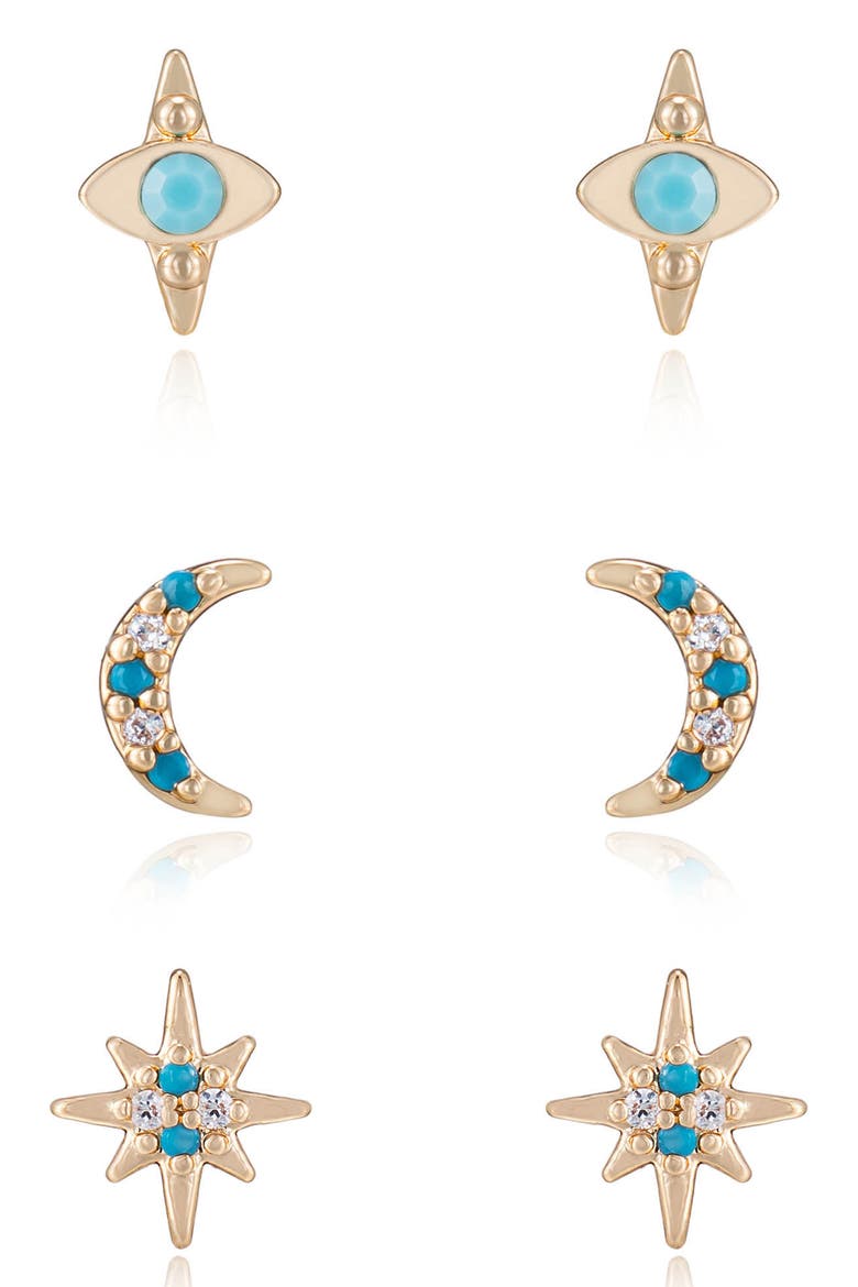 Set of 3 Celestial Stud Earrings, Main, color, TURQUOISE