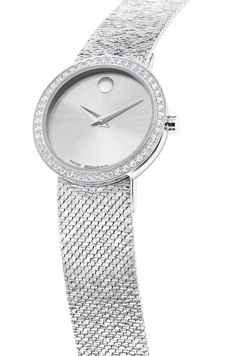 Movado Museum Velura Lab Grown Diamond Mesh Strap Watch, 25mm, Alternate, color, 