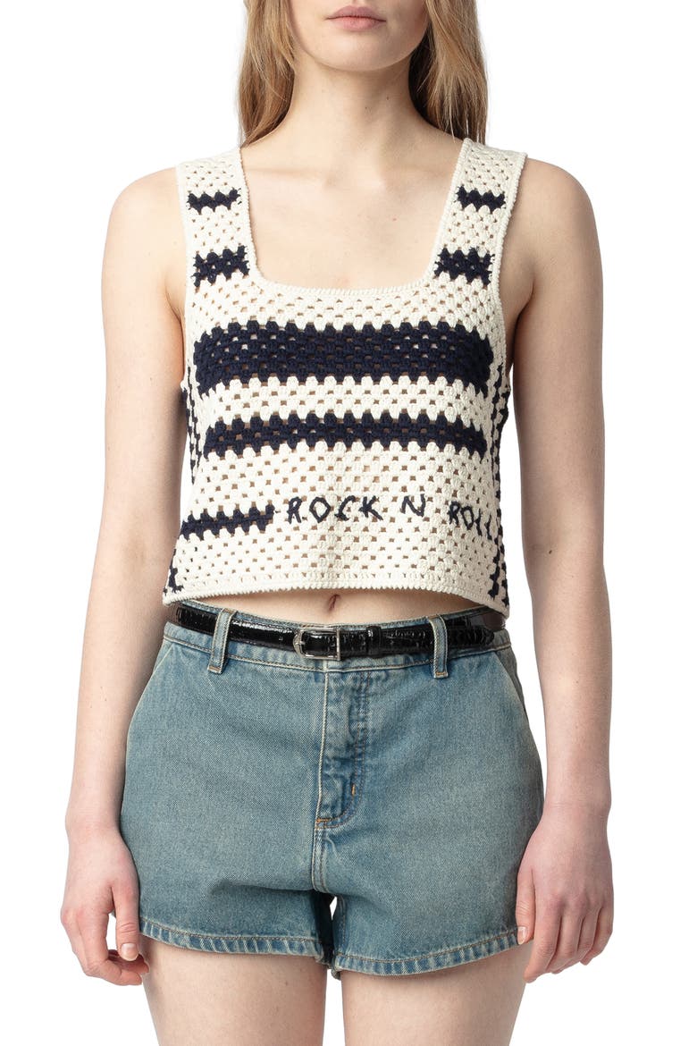 Dillie Stripe Open Stitch Cotton Graphic Sweater Tank, Main, color, ECRU