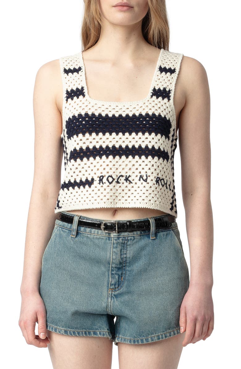 Zadig & Voltaire Dillie Stripe Open Stitch Cotton Graphic Sweater Tank, Main, color,