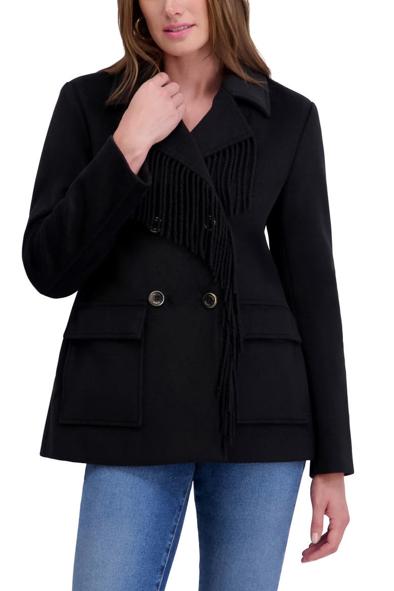 Fringe Trim Twill Peacoat, Alternate, color, BLACK