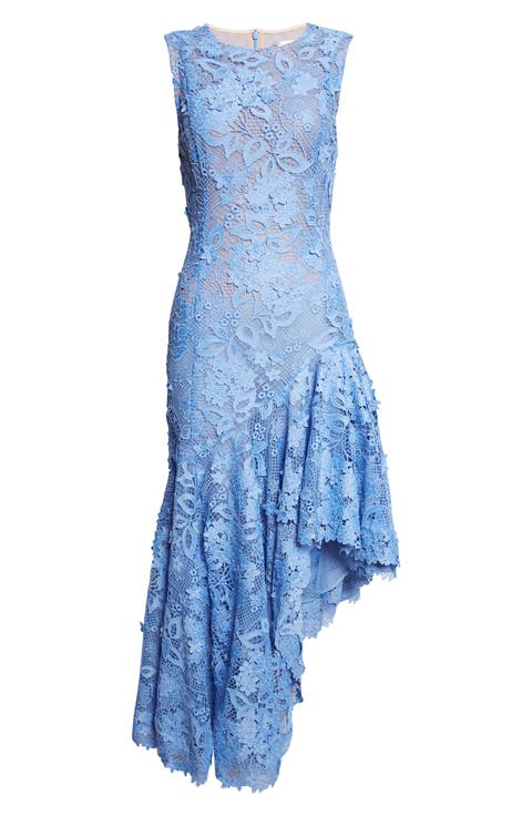 Porcelain Flowers Asymmetric Guipure Lace Dress