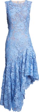 Oscar de la Renta Porcelain Flowers Asymmetric Guipure Lace Dress