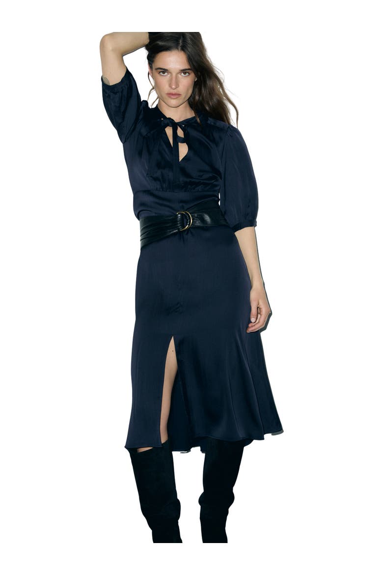 Chani Tie Neck Midi Dress, Alternate, color, Ink