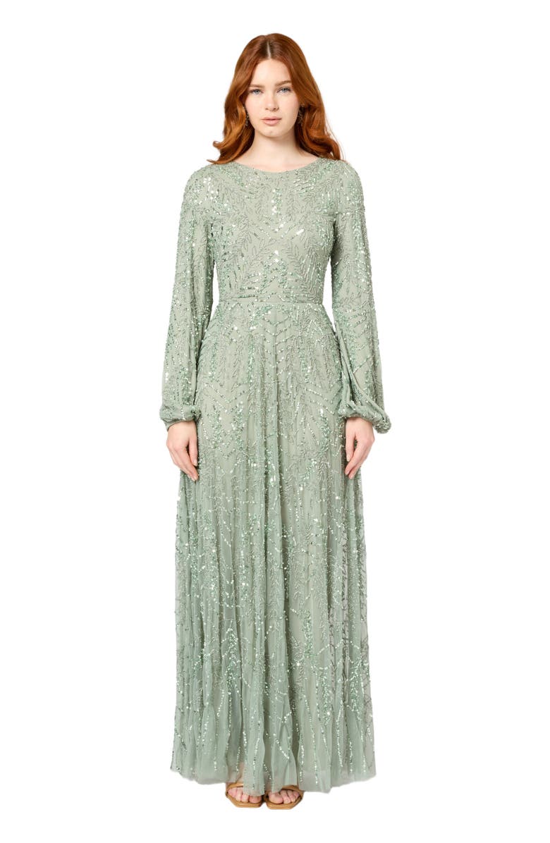MARYISA Modest Embellished Sequin Beaded Long Maxi Dress, Main, color, Sage Green