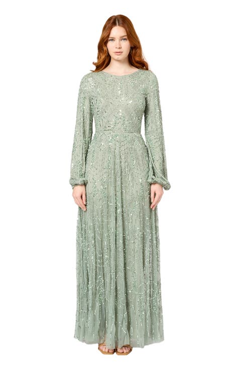 Modest Embellished Sequin Beaded Long Maxi Dress