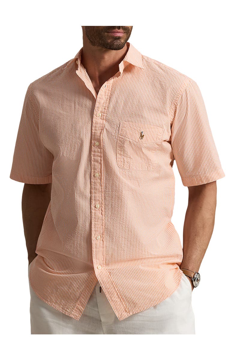 Polo Ralph Lauren Big & Tall Seersucker Stripe Sport Shirt, Main, color, Clc Peach And White