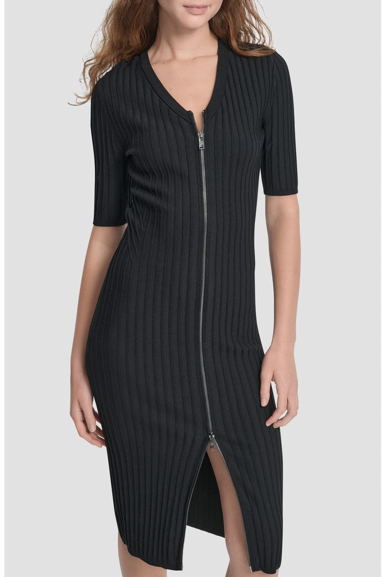 Ribbed Front Zip Sweater Dress, Alternate, color, BLACK