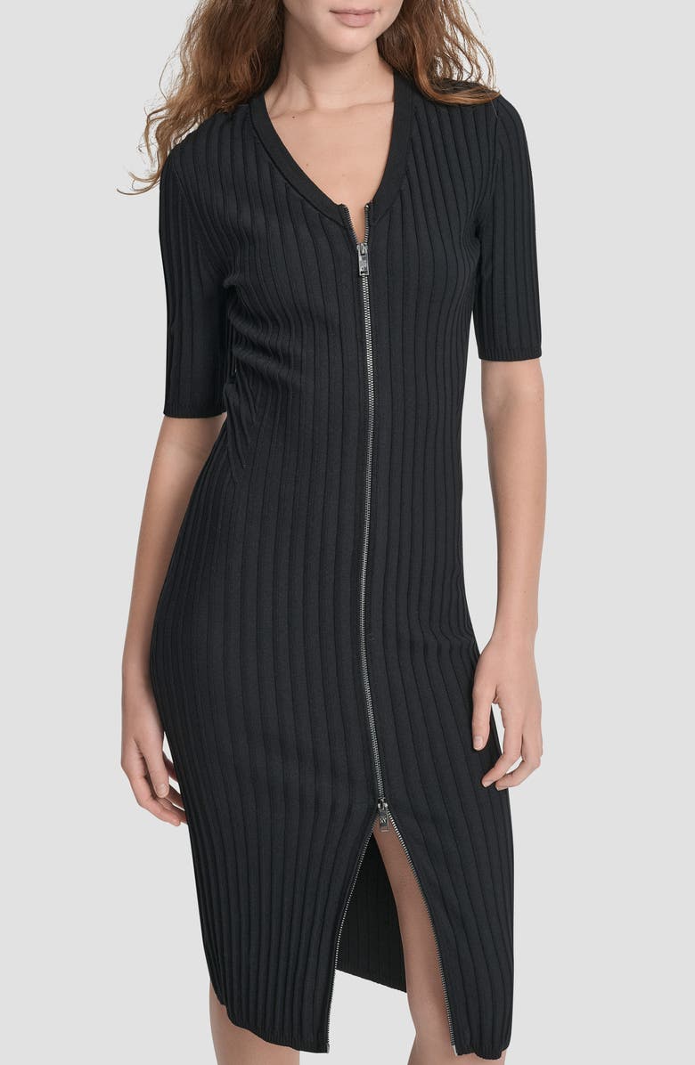 DKNY Ribbed Front Zip Sweater Dress, Alternate, color, Black