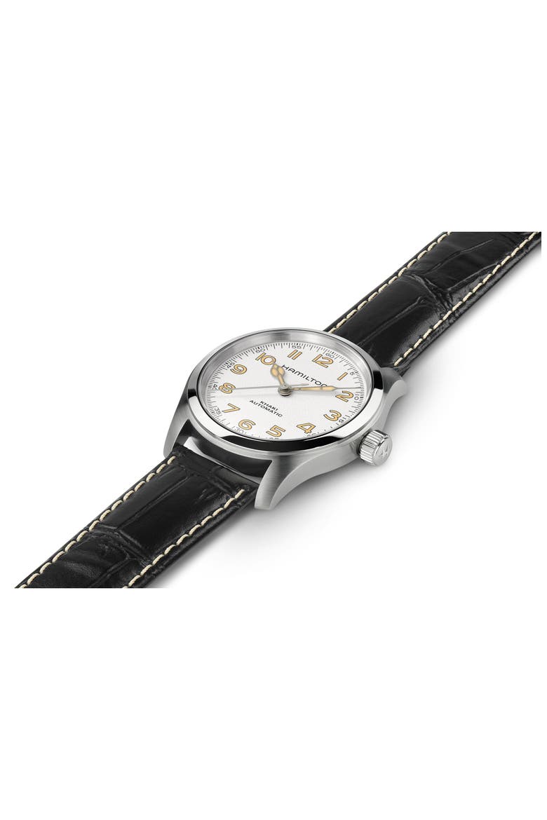 Khaki Field Automatic Leather Strap Watch, 38mm, Alternate, color, WHITE