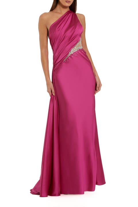 One Shoulder Charmeuse Gown With Beaded Cutout