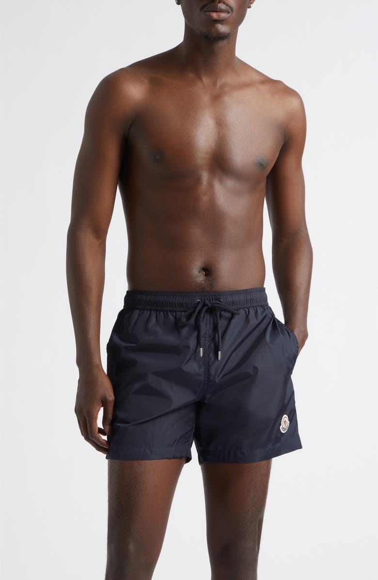 Moncler Logo Patch Swim Trunks, Main, color, Naval Blue