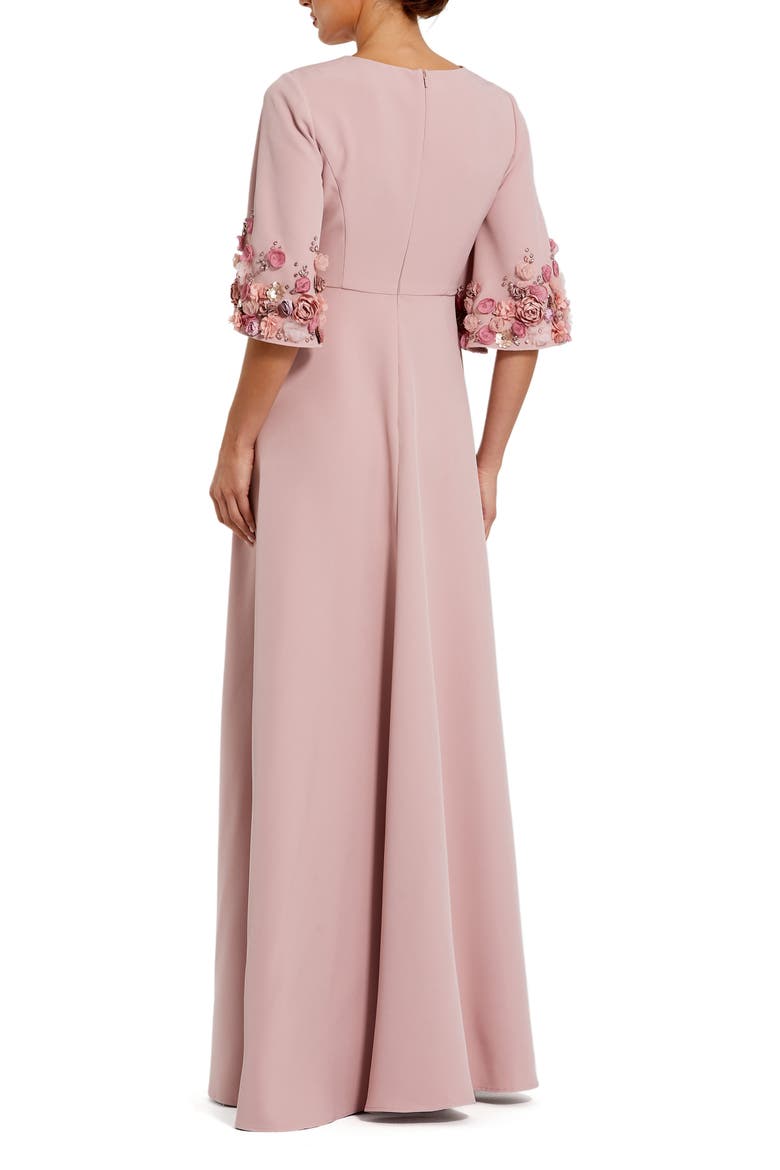 Crepe 3/4 Sleeve 3D Flower Trim A Line Gown, Alternate, color, Rose