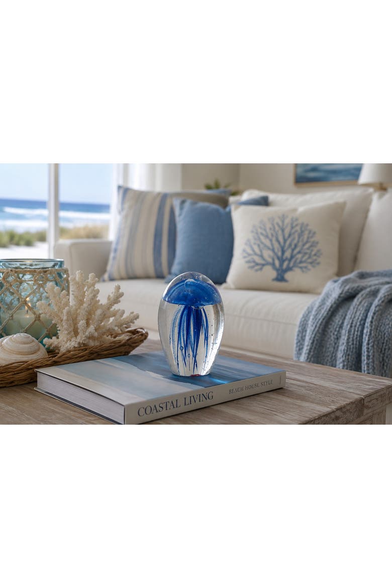 Dark Blue Glass Glowing Jellyfish Decorative Paperweight, Alternate, color, Blue