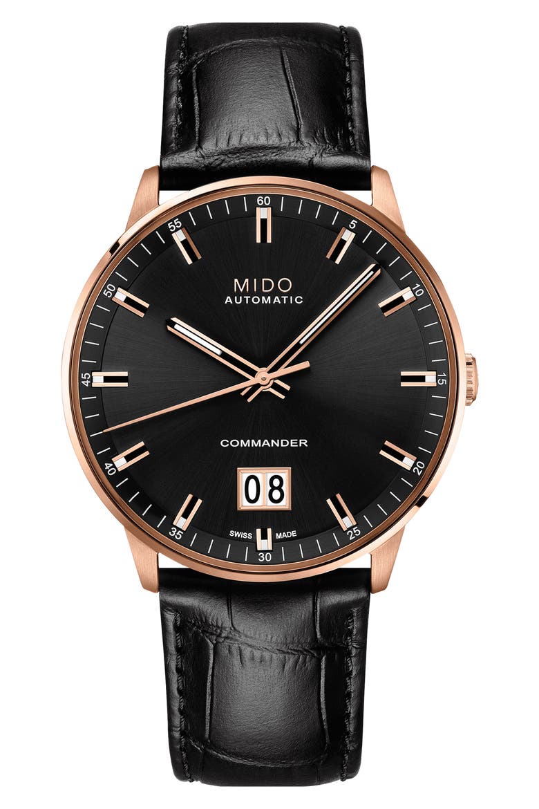Commander II Skeleton Leather Strap Watch, Main, color, BLACK/ ROSE GOLD