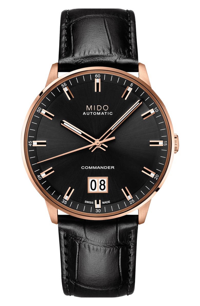 MIDO Commander II Skeleton Leather Strap Watch, Main, color, Black/ Rose Gold