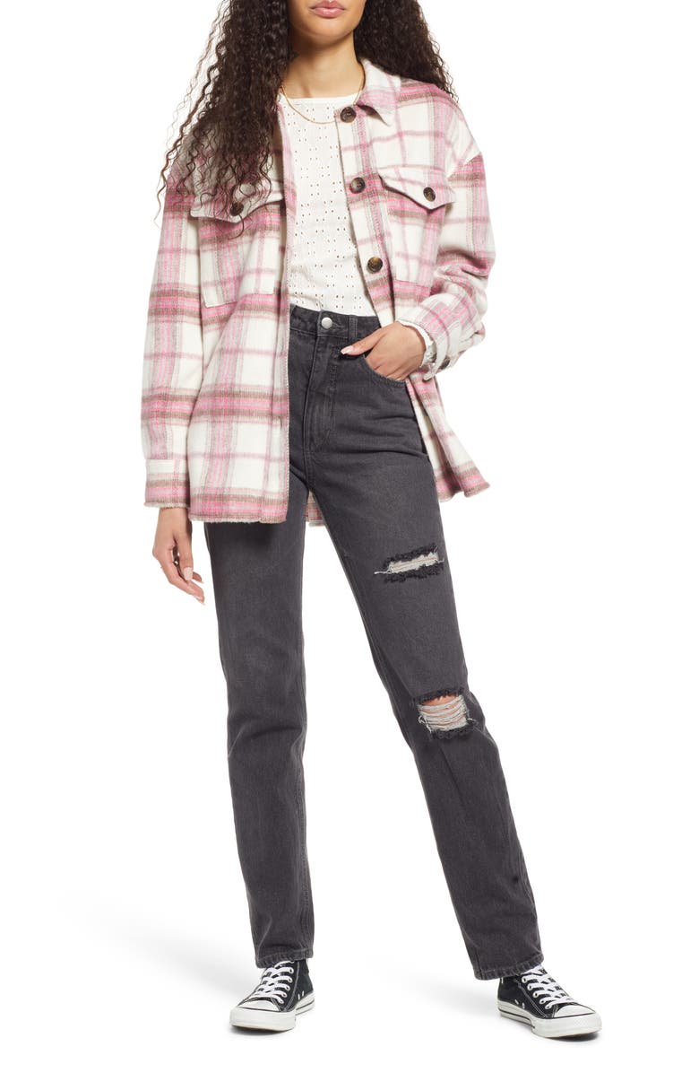 BP. Plaid Shirt Jacket, Alternate, color, Ivory- Pink Pinky Plaid