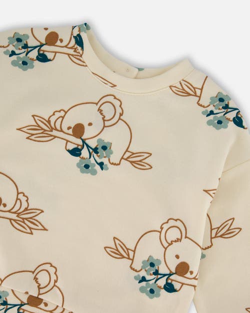 Deux Par Deux Girl's Printed French Terry Sweatshirt Off-white And Koala In Off-white And Koala