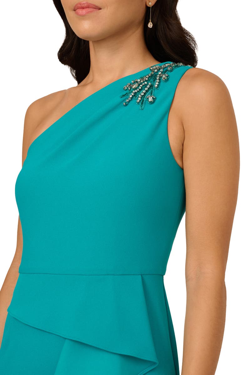 Adrianna Papell Beaded One-Shoulder Crepe Gown, Alternate, color, Teal Lagoon
