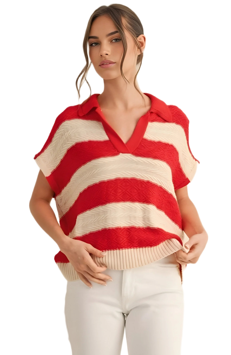 Knit and Lounge Striped Knit Polo Top, Alternate, color, Red / Cream Striped