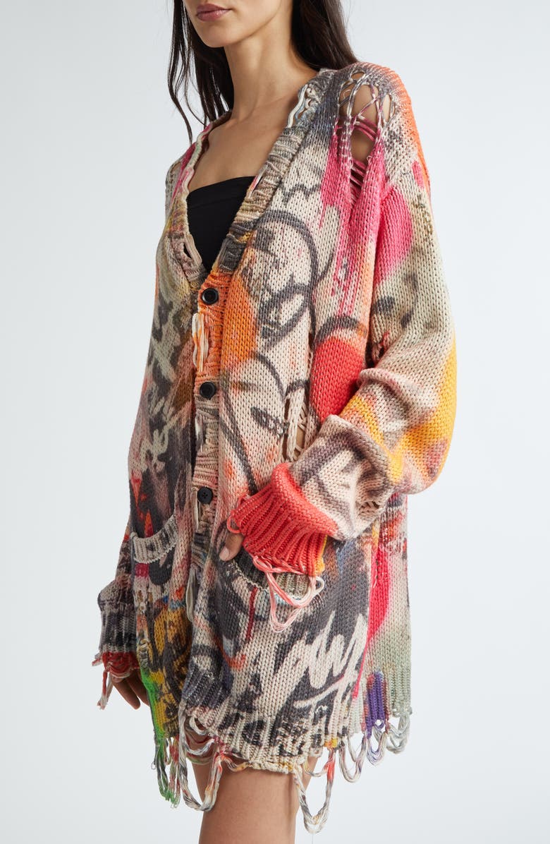 R13 Graffiti Print Distressed Cotton Cardigan, Alternate, color,
