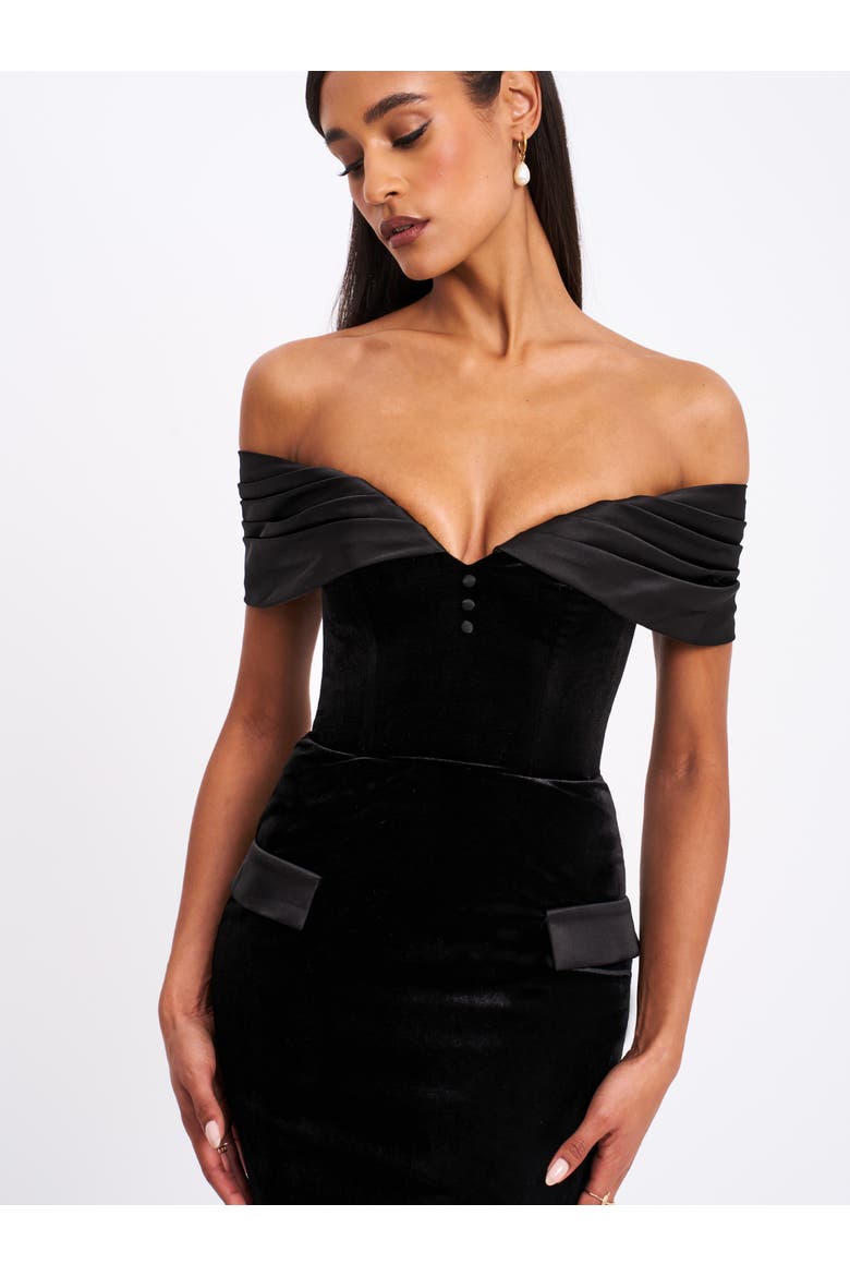 Qamra Velvet Off Shoulder Mermaid Maxi Dress, Alternate, color, Black