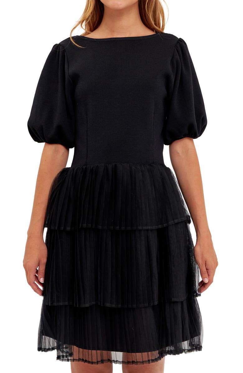 English Factory Puff Sleeve Mixed Media Minidress, Alternate, color, Black