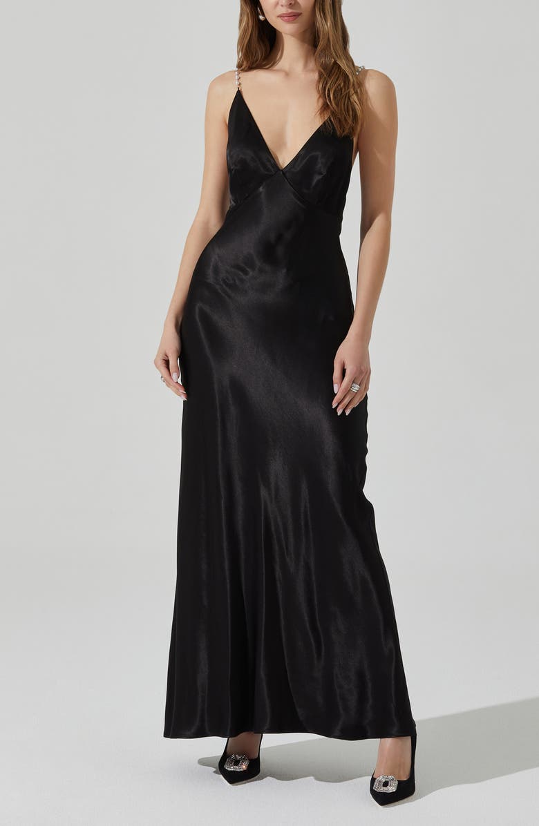ASTR the Label Maxime Pearly Cross Back Satin Gown, Main, color, Black