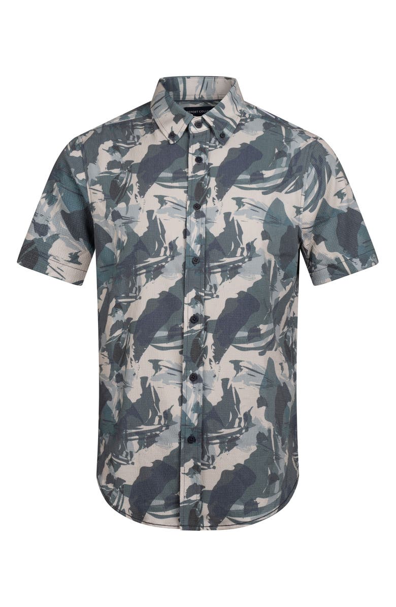 Report Collection Abstract Camo Print Short Sleeve Seersucker Button-Up Shirt, Alternate, color, 40 Blue