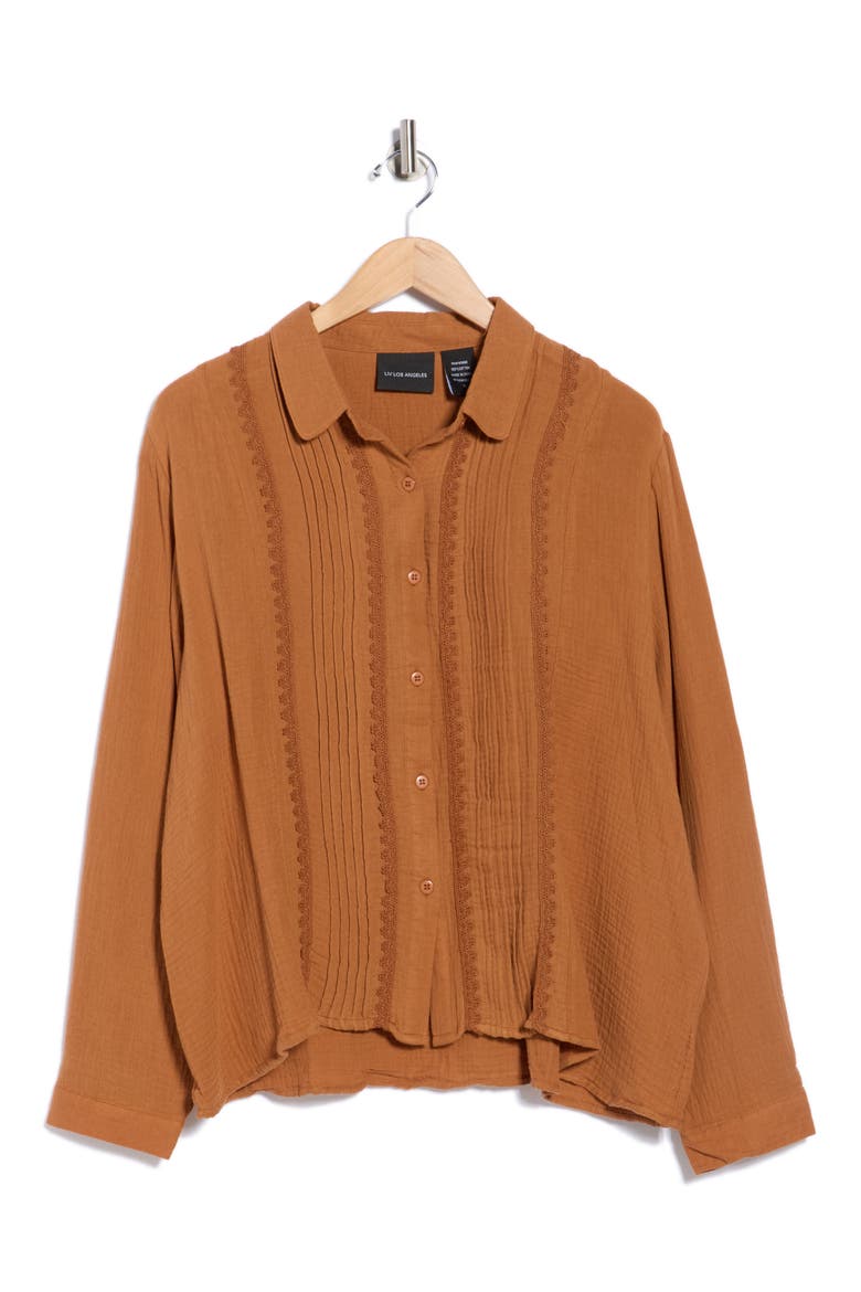 Pintuck Cotton Button-Up Shirt, Alternate, color, RUST GINGER