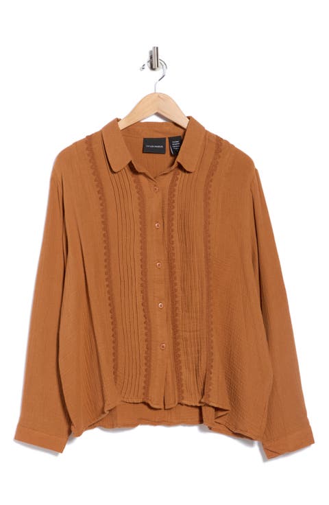 Pintuck Cotton Button-Up Shirt (Plus)