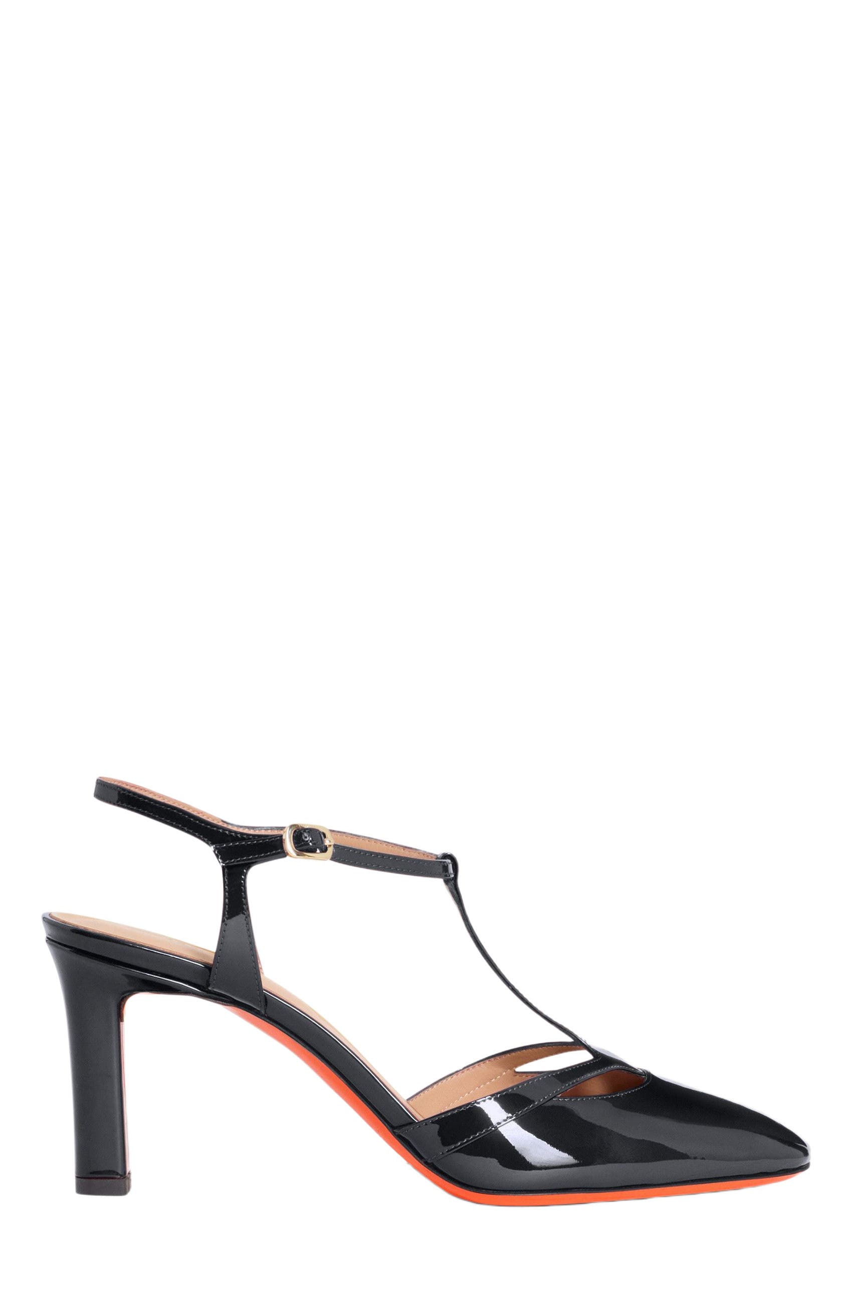 Santoni Women's  patent leather high-heel T-bar pump, Main, color, Black