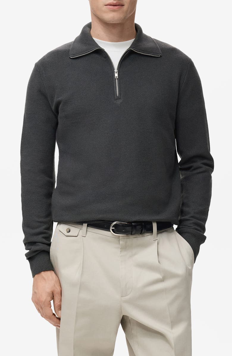 MANGO Half Zip Piqué Sweater, Main, color, Dark Grey