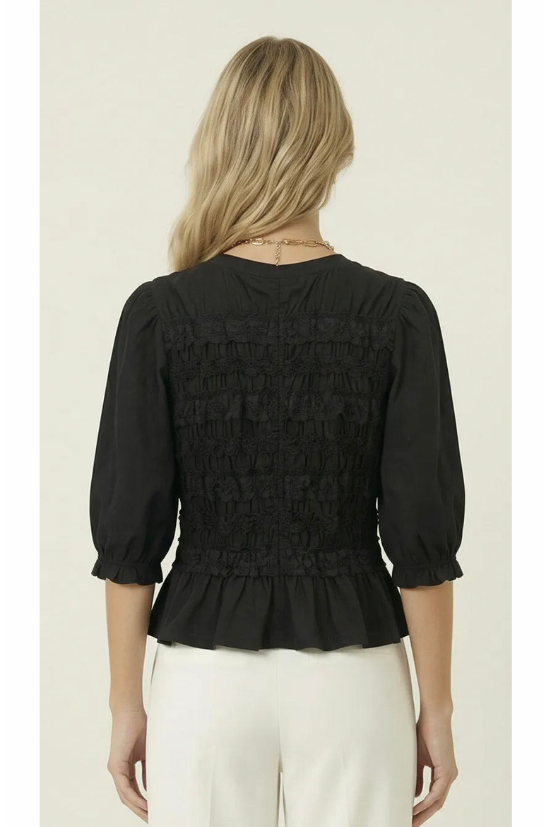 Smocked Peplum Puff Sleeve Blouse, Alternate, color, Black