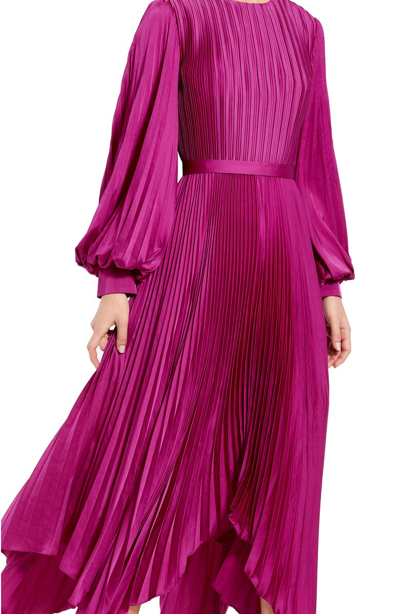 Mac Duggal Long Sleeve Pleated Charmeuse Handkerchief Hem Midi Dress, Alternate, color, Fuchsia