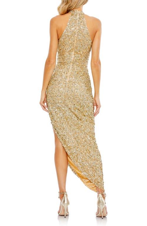 Mac Duggal Sequined High Neck Keyhole Asymmetrical Gown In Gold