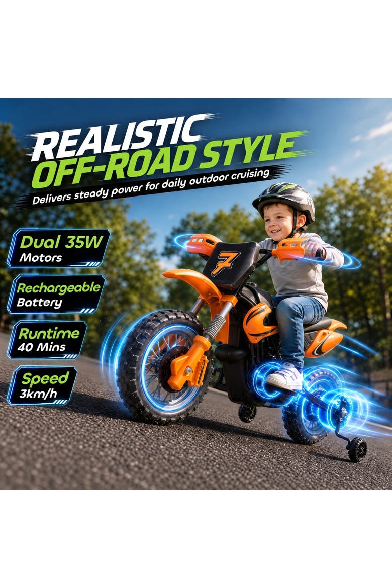 12V Kids Motorcycle, 2 x 35W Electric Dirt Bike with Training Wheels, Battery Powered Ride on Motorbike, Alternate, color, Orange