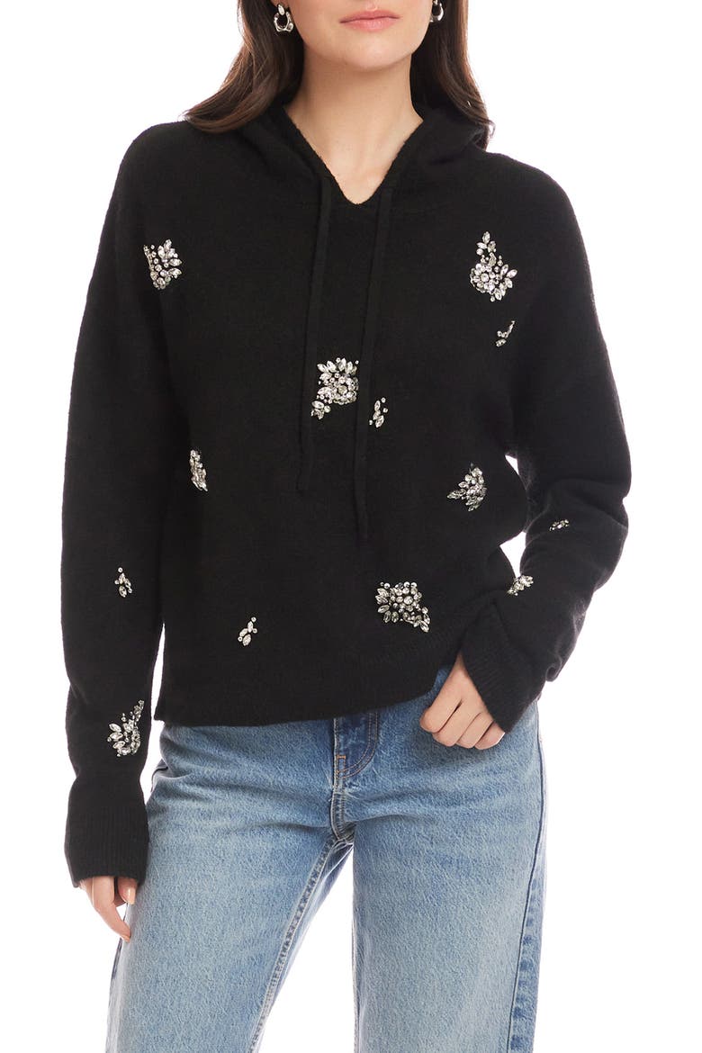 Crystal Embellished Knit Hoodie, Main, color, BLACK