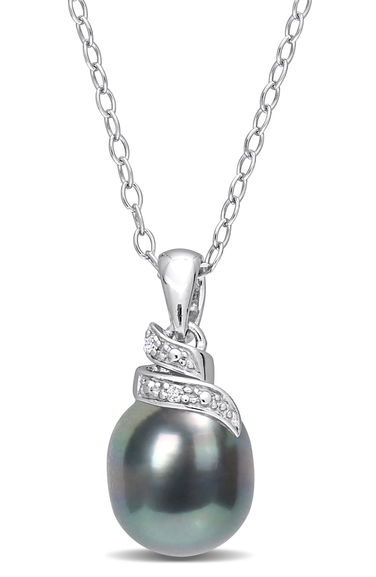 DELMAR Sterling Silver Diamond with 8-9mm Cultured Black Tahitian Pearl Necklace