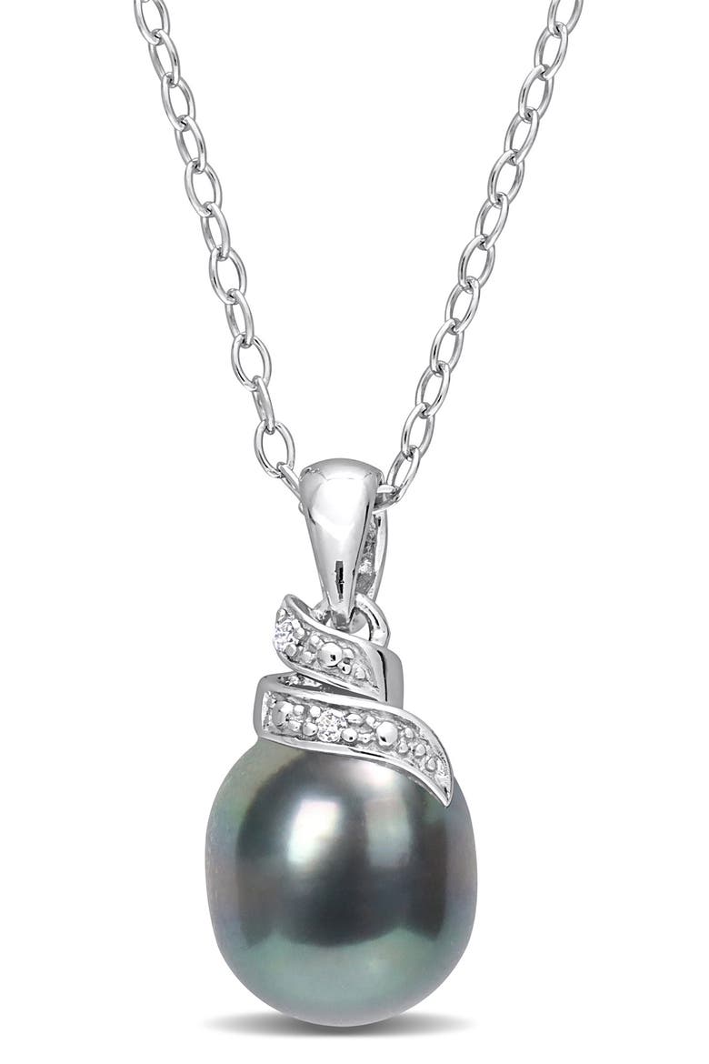 Sterling Silver Diamond with 8-9mm Cultured Black Tahitian Pearl Necklace, Main, color, BLACK