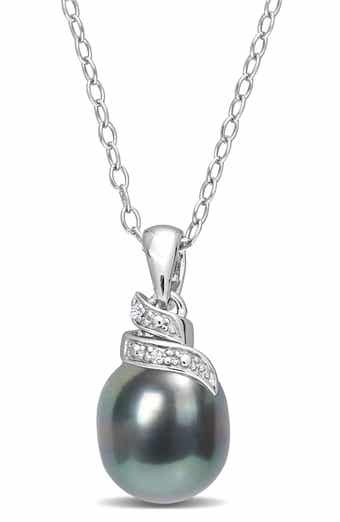 DELMAR Sterling Silver Diamond with 8-9mm Cultured Black Tahitian Pearl Necklace