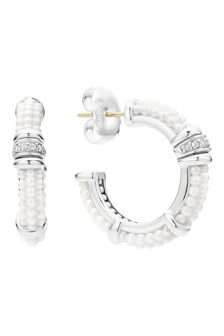 White Caviar Ceramic & Diamond Hoop Earrings, Main, color, SILVER/ DIAMOND