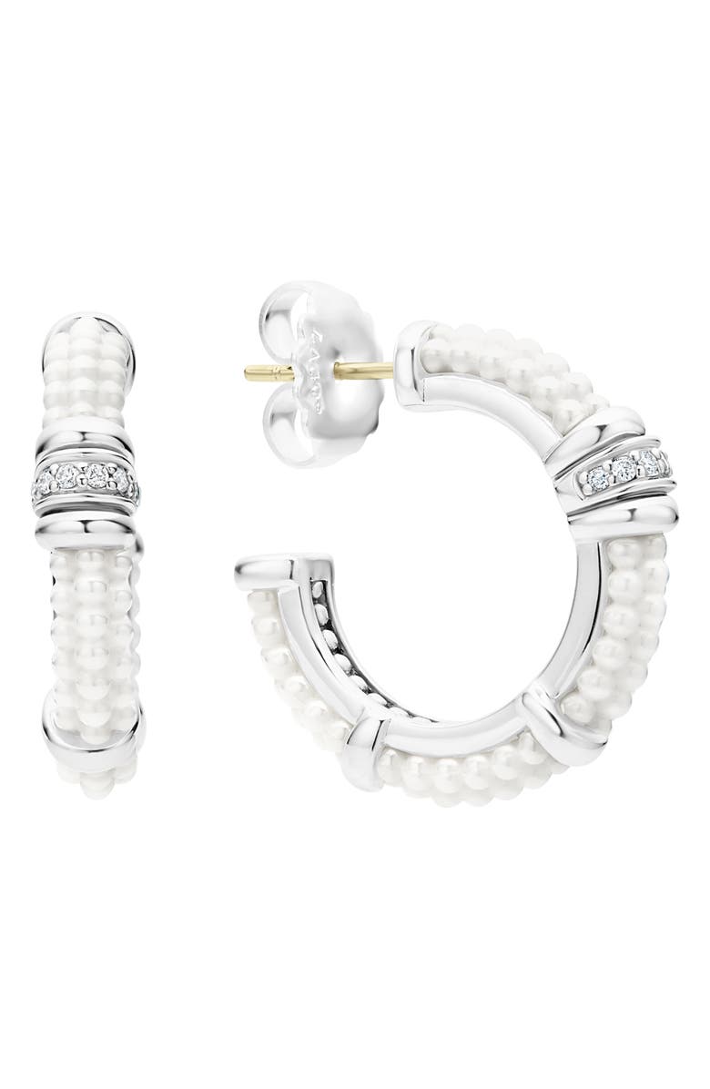LAGOS White Caviar Ceramic & Diamond Hoop Earrings, Main, color, Silver/ Diamond