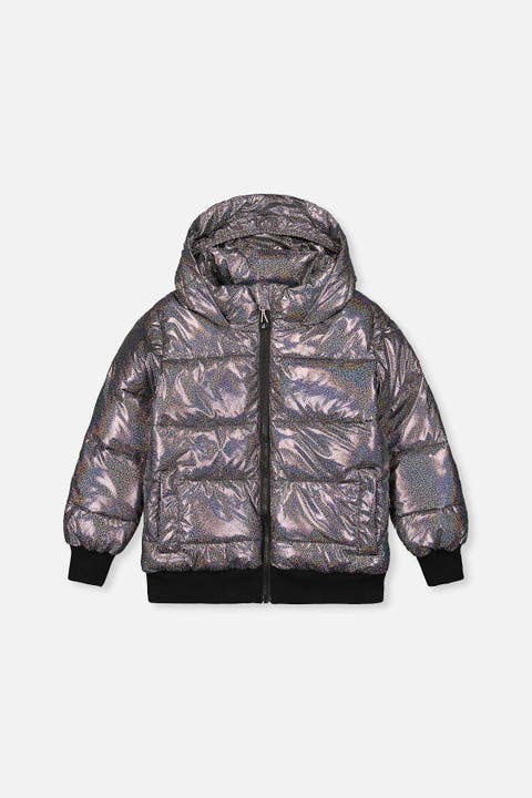Glitter Fleece Lined Removable Faux Fur Winter Puffy Jacket