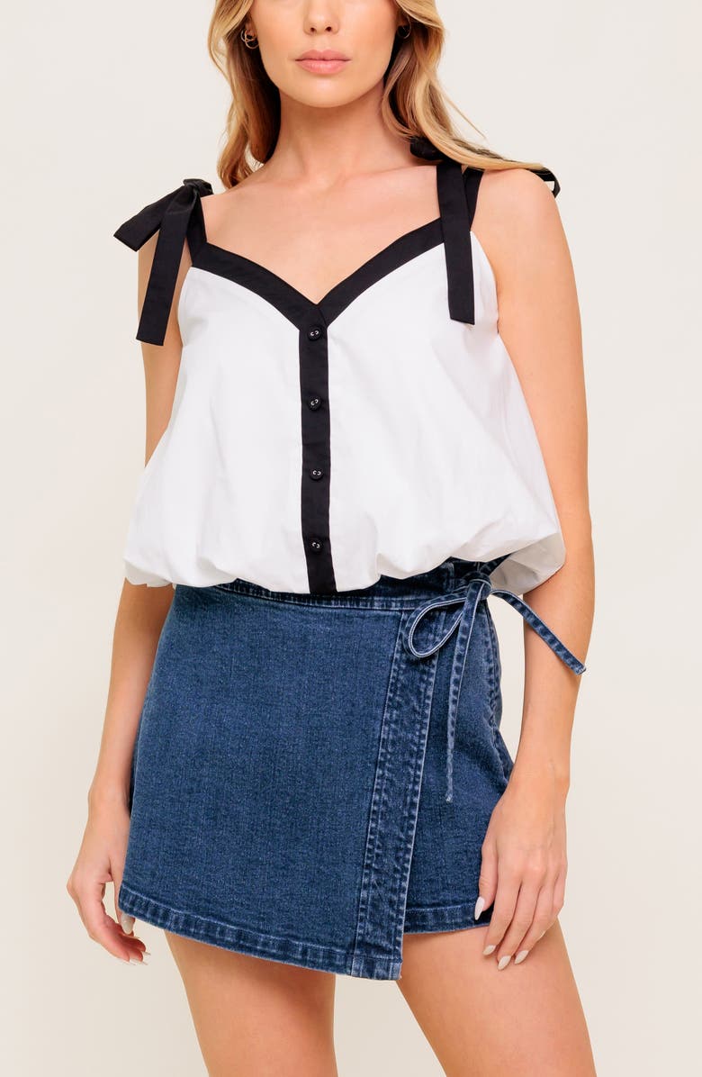 FLYING TOMATO Colorblock Tie Strap Bubble Crop Top, Alternate, color, Off White / Black